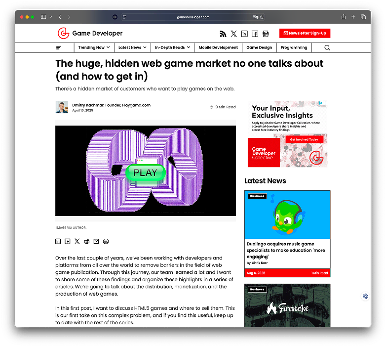 Game Developer coverage of Playgama