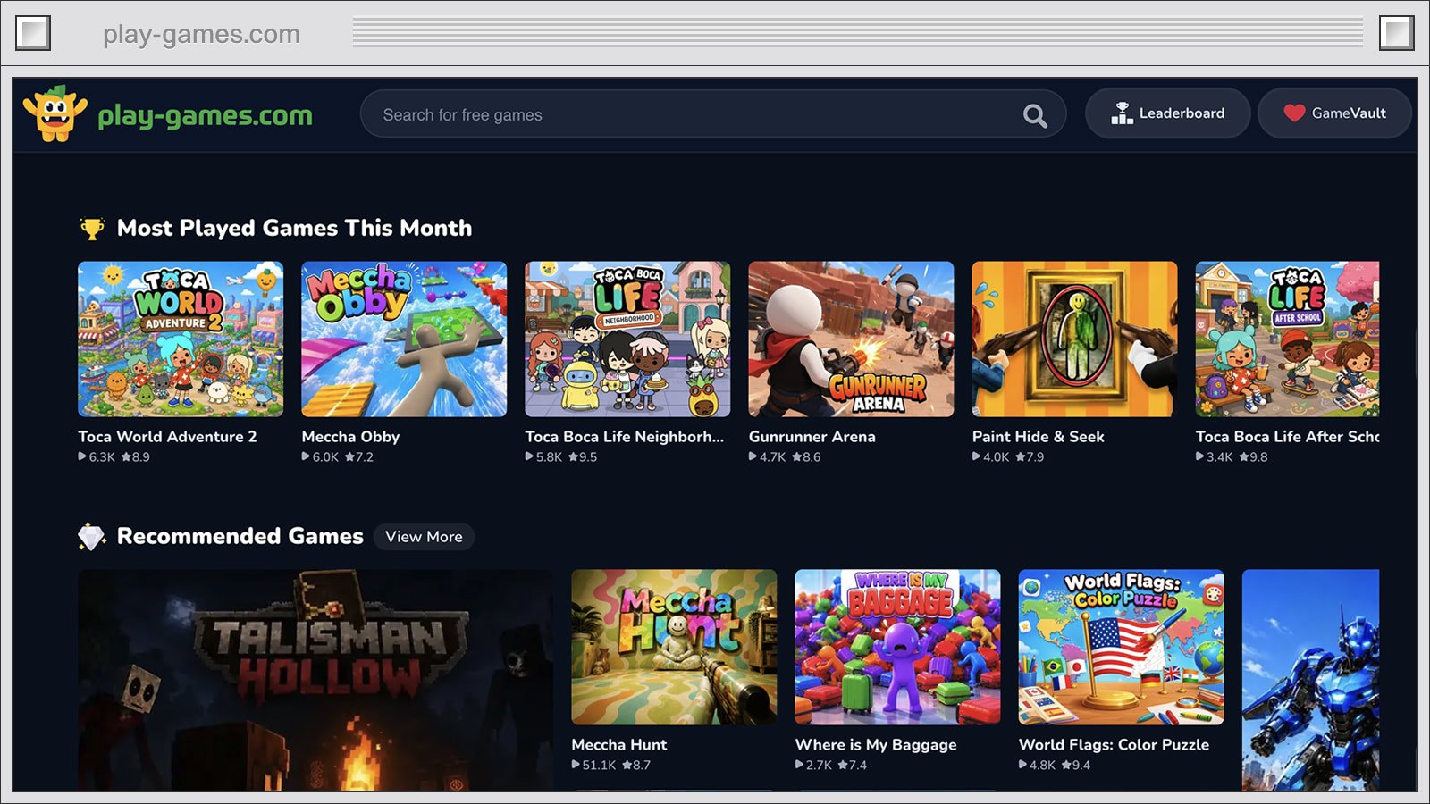 The play-games.com portal in a browser window, showing rows of game cards
