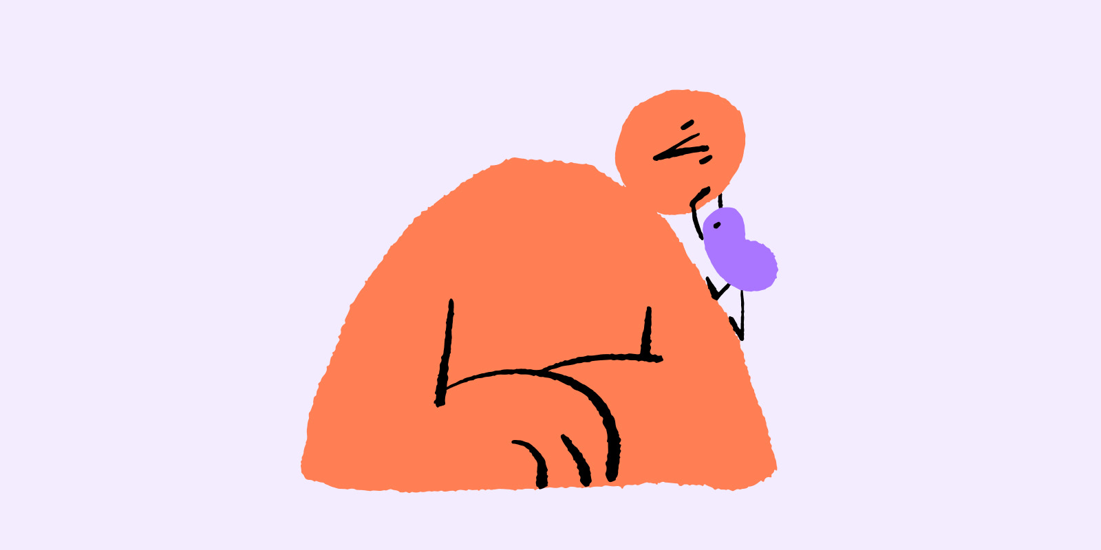 A hand-drawn orange figure with its eyes closed, leaning towards a small purple bird resting at its shoulder