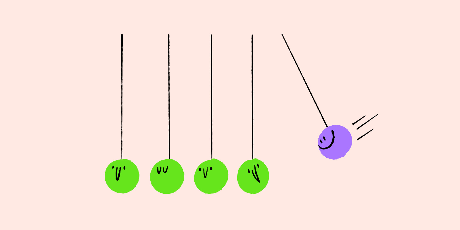 A hand-drawn Newton's cradle: four green balls hanging at rest and a purple one swinging in from the right