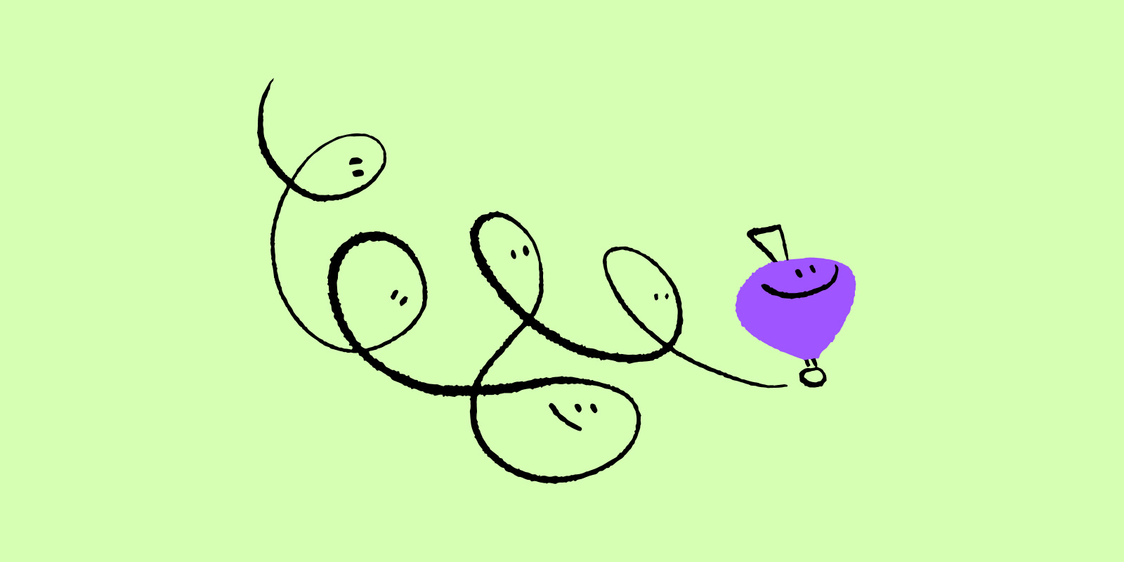 A hand-drawn purple spinning top tracing looping trails across a pale green ground