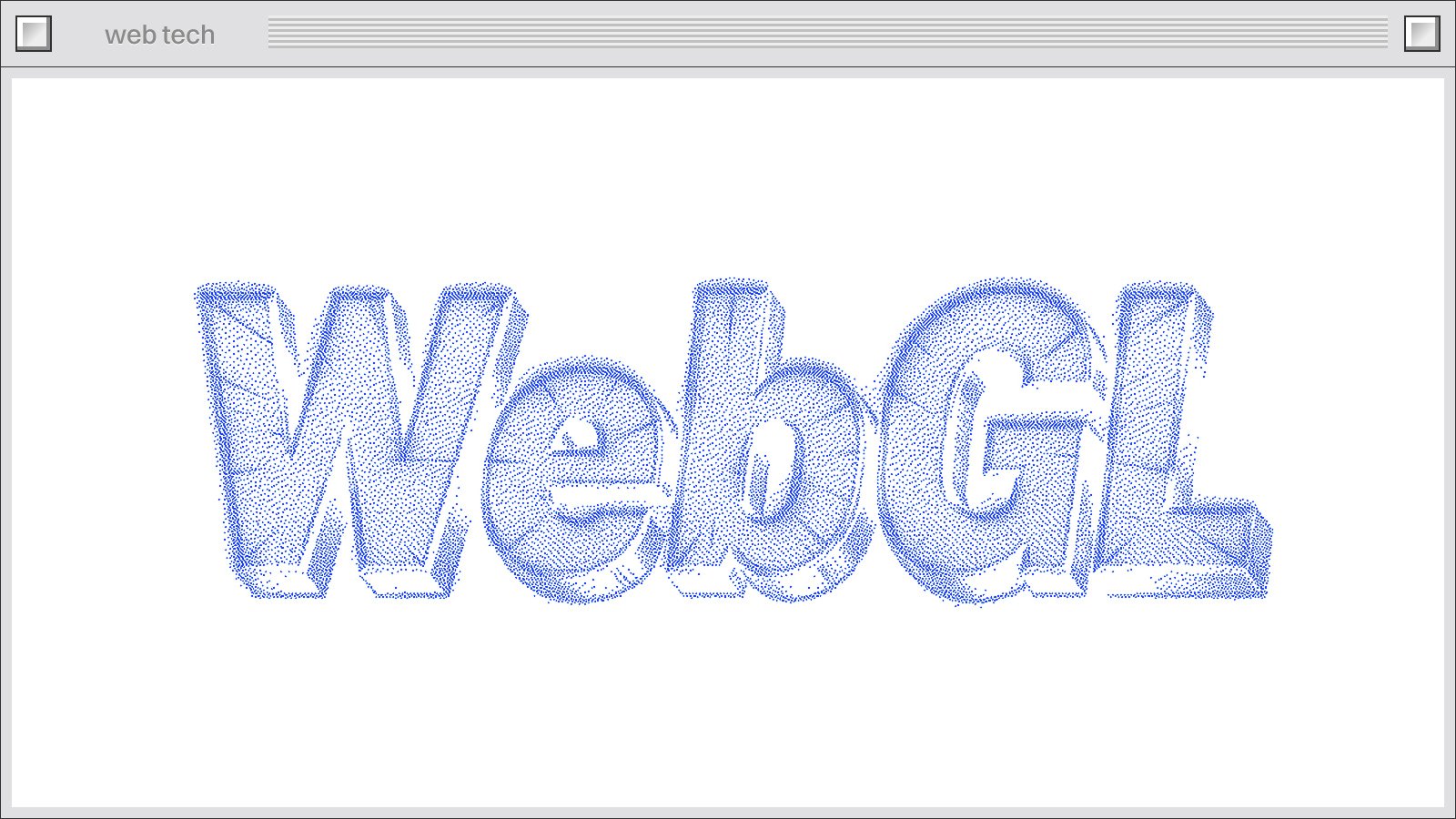 The WebGL wordmark drawn as a blue wireframe on white, in a browser window titled web tech