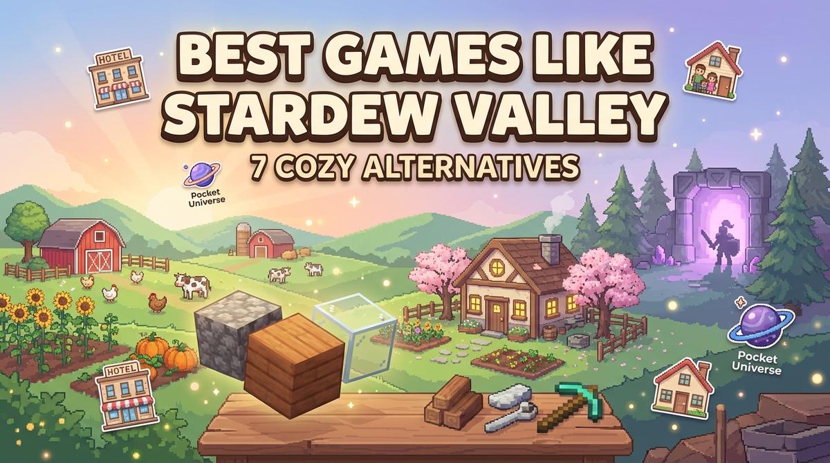 Discover 7 cozy browser games like Stardew Valley! Play Pocket Universe, Skyblock 3D, and more casual farming & crafting games online free. Start playing now!