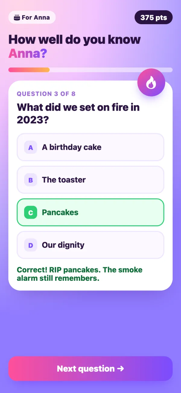 How well do you know me? birthday game example on a phone