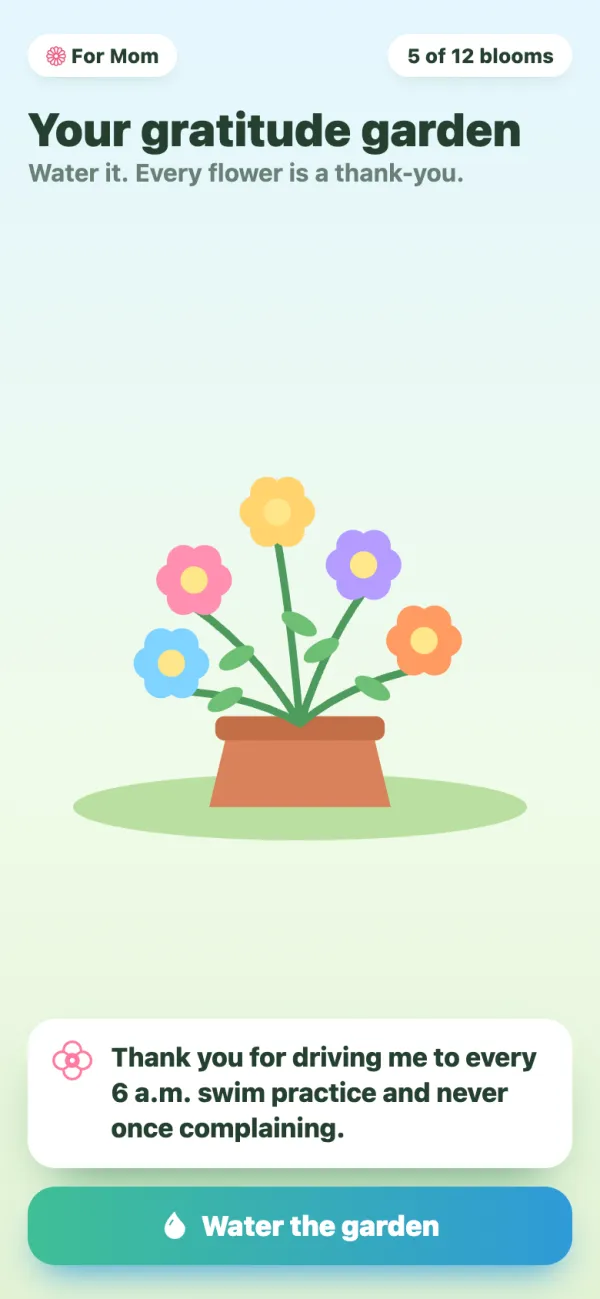 Gratitude garden: a keepsake game example on a phone