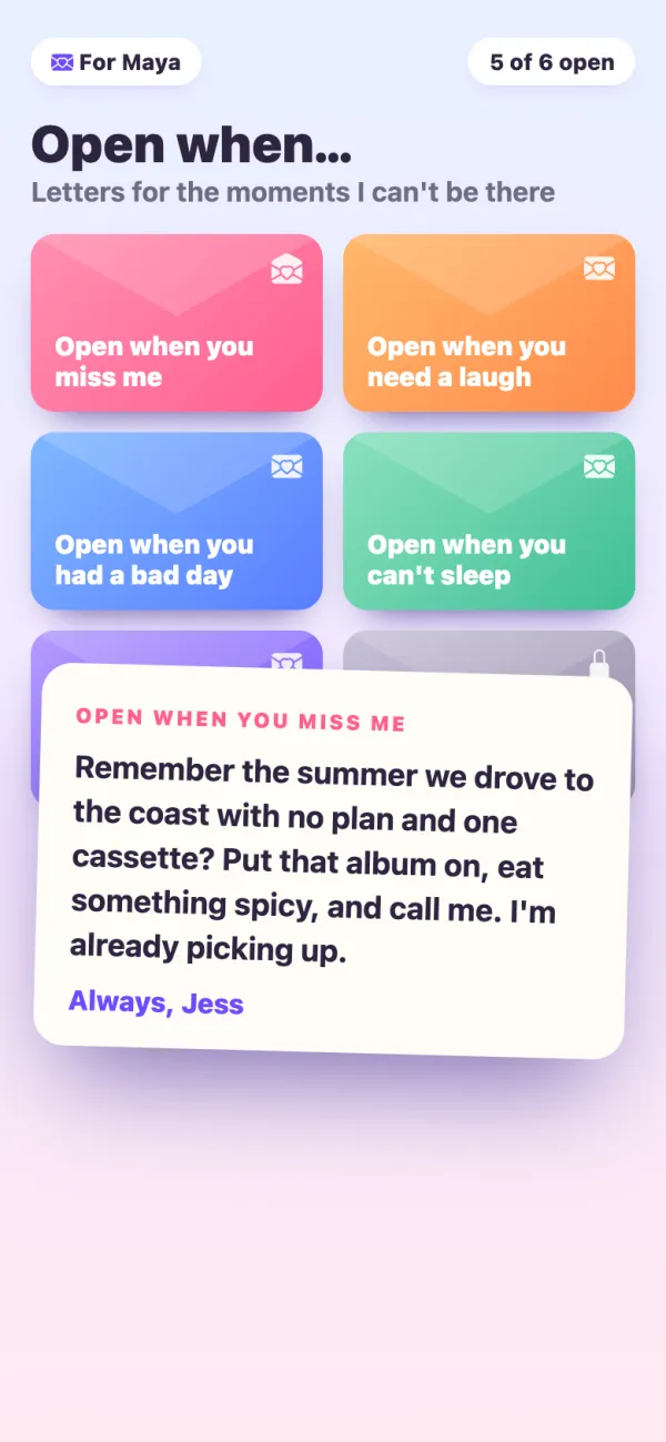 Open When letters: a keepsake game example on a phone