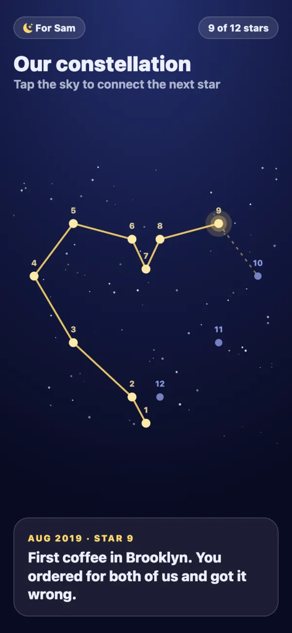 Our constellation: a keepsake game example on a phone