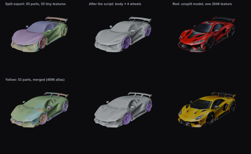55 parts → body + 4 wheels → the finished car