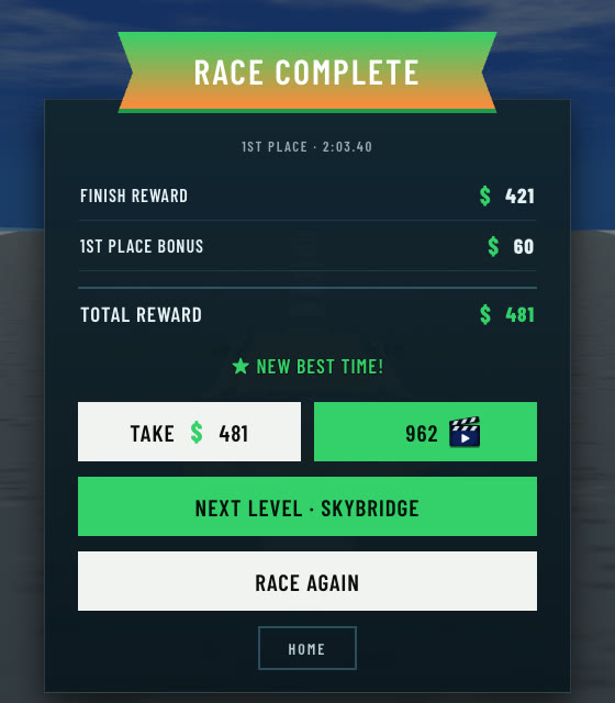 The finish screen: take the coins, or watch a video to double them
