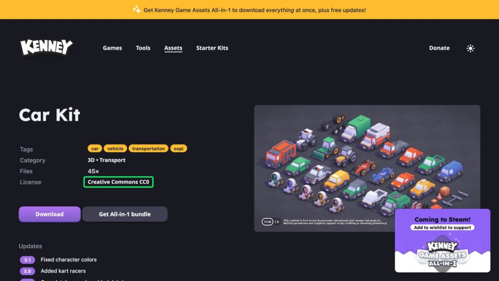 Kenney's Car Kit page: Creative Commons CC0