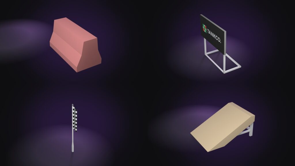 The four props we use from the Racing Kit: a barrier, a billboard, a flag and a ramp