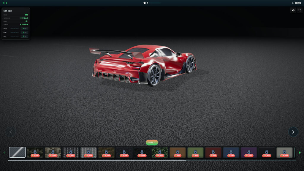 Our red car in the game's garage