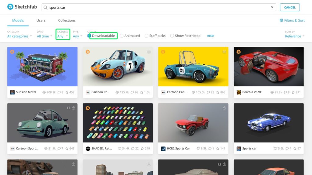 Sketchfab's search with the Downloadable and Licenses filters