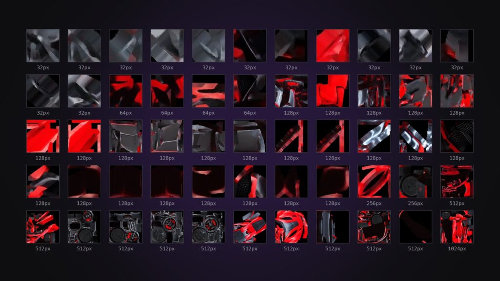 The split export's 55 textures, as they come out of the file, smallest first: 42 of them are 128 px or less