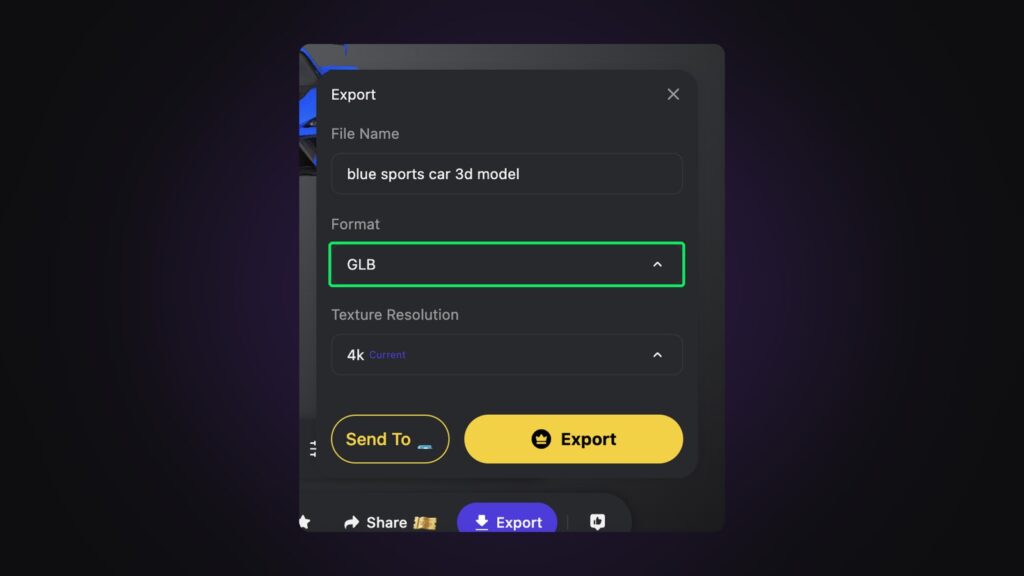 Tripo's export dialog: GLB
