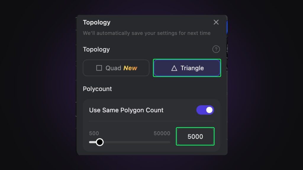 Tripo's topology settings: triangles, 5,000