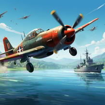 Naval battle. Floating above the water.